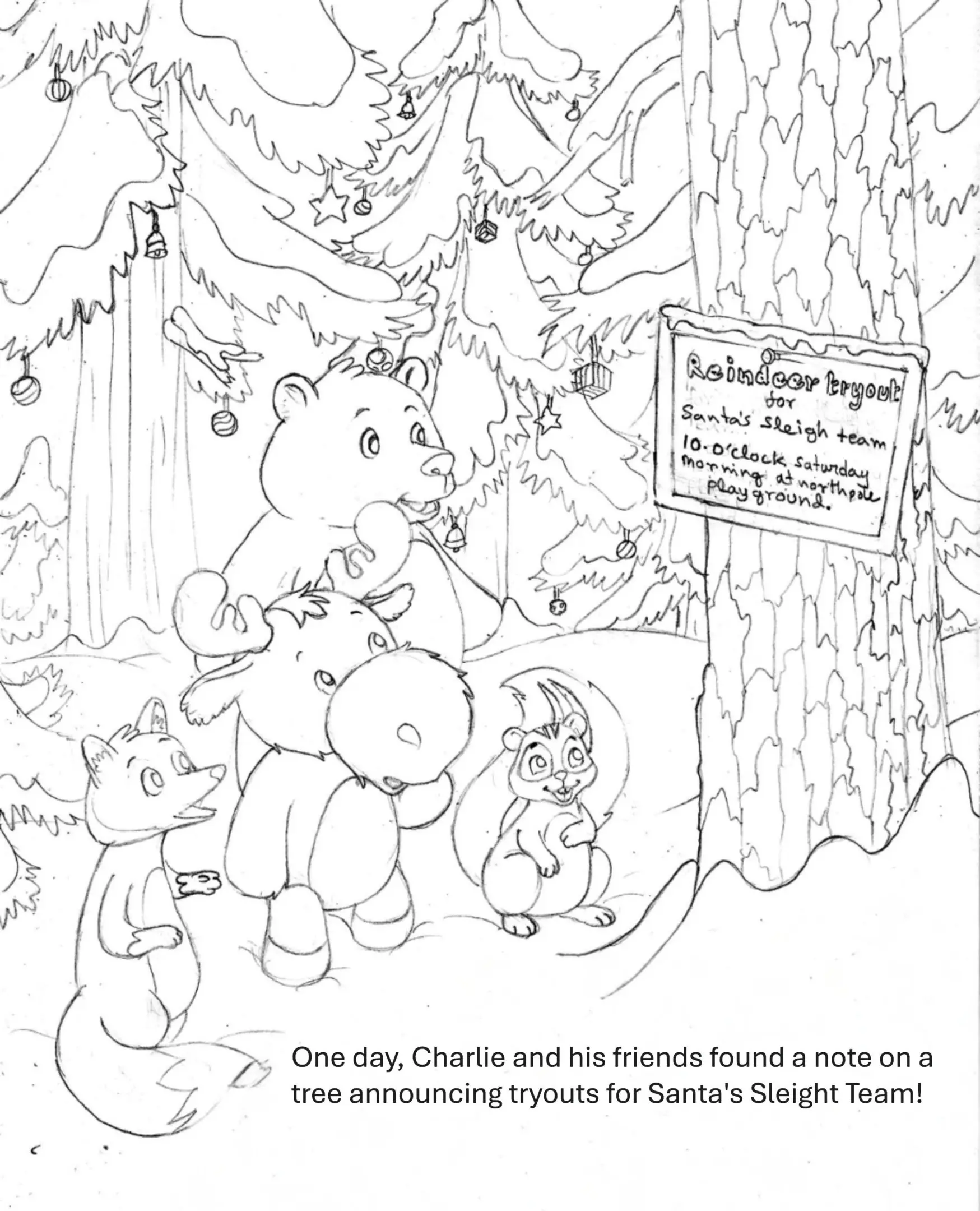 Sketch of a group of animals, including a bear, a squirrel, and a raccoon