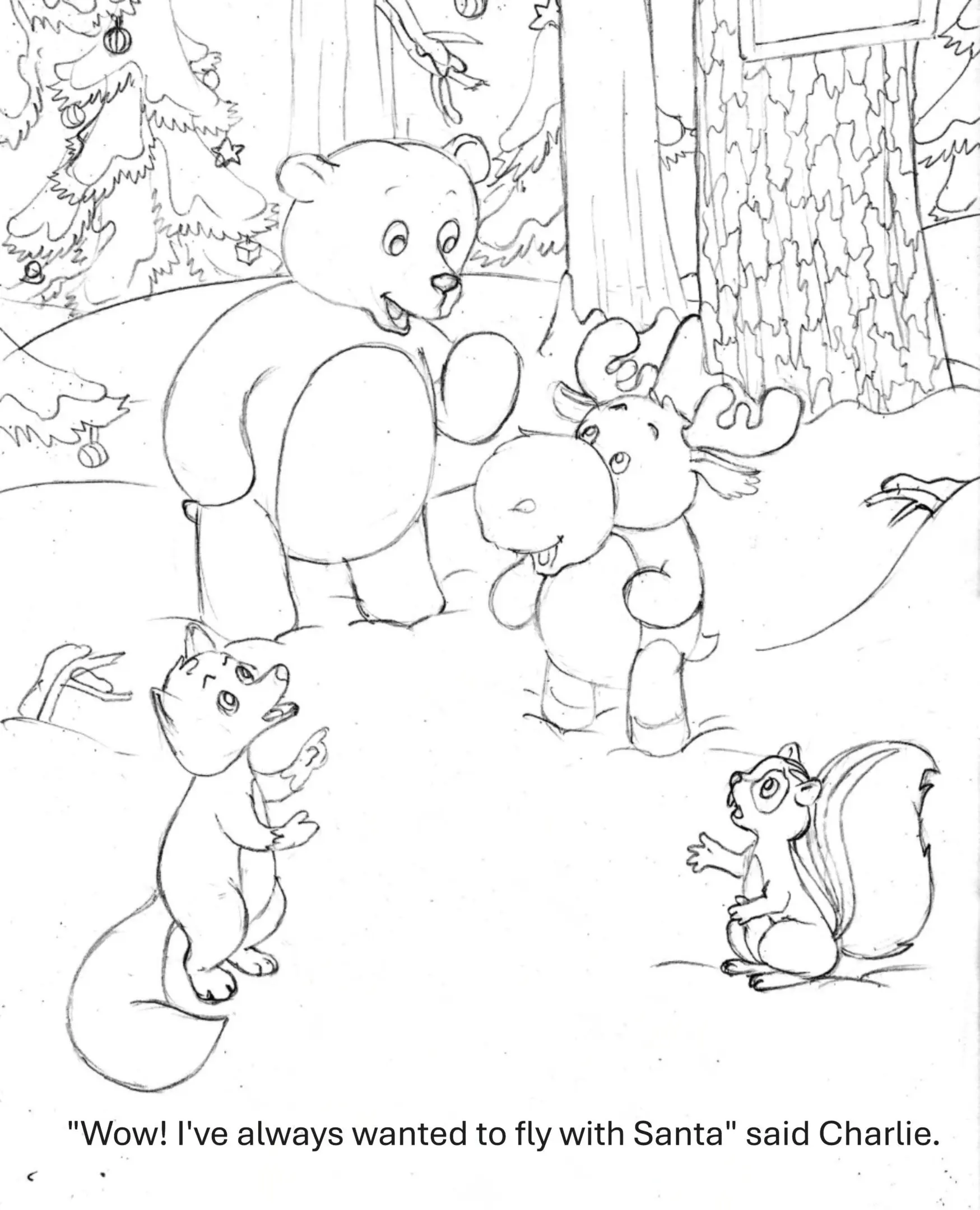 Sketch of a group of animals, including a bear, a squirrel, and a deer, standing in a forest