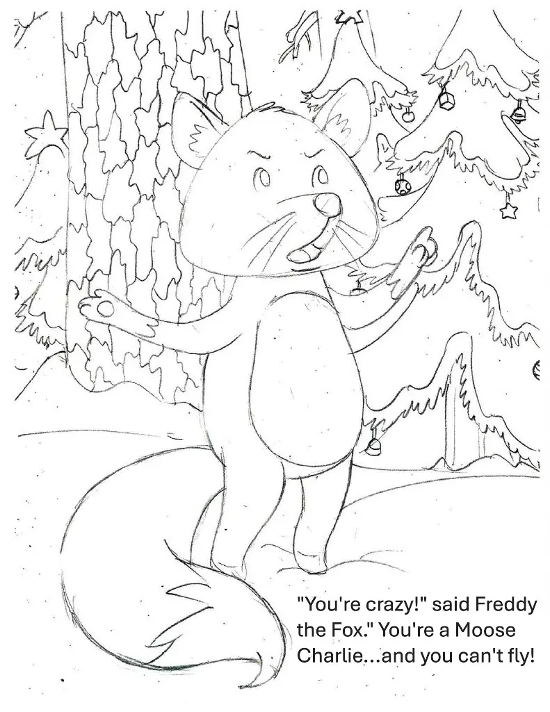 Sketch of Freddy the Fox, a cartoon character, standing in front of a tree