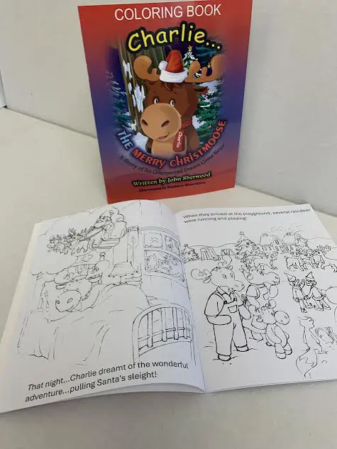 Personalized coloring book with a picture of a reindeer on it, sitting on a white surface