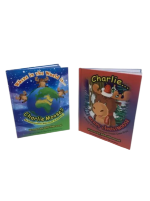 Two Charlie Moose children's books on black background