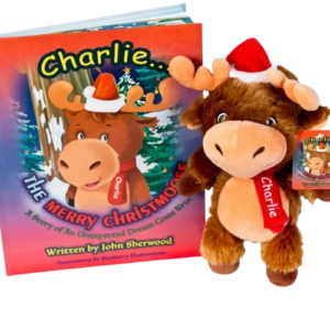 Charlie plush moose with Christmas book