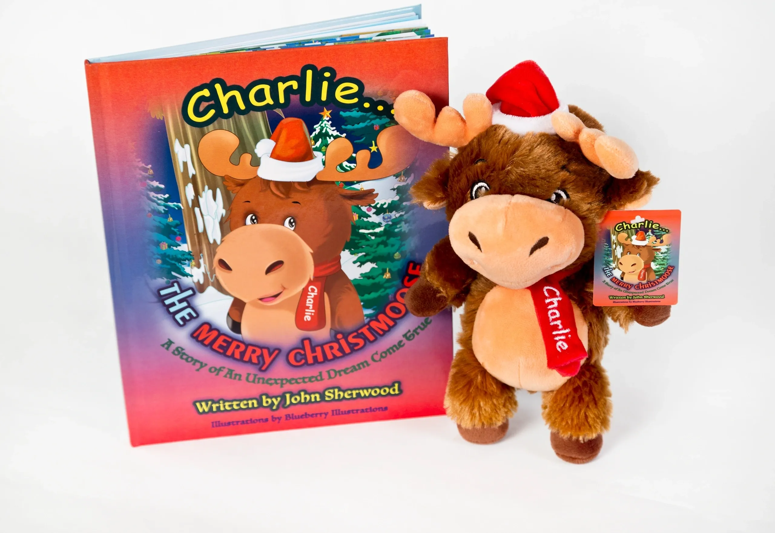 A children’s book titled “Charlie the Merry Chrismoose” stands next to a plush moose toy wearing a Santa hat and red scarf labeled “Charlie.”.